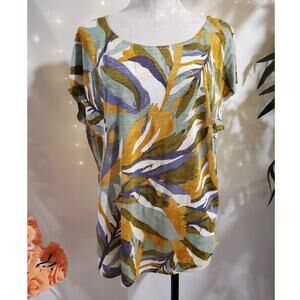 Rachel Zoe Womens 100% Linen Scoop Neck Short Sleeve Top Size XL Artsy Abstract